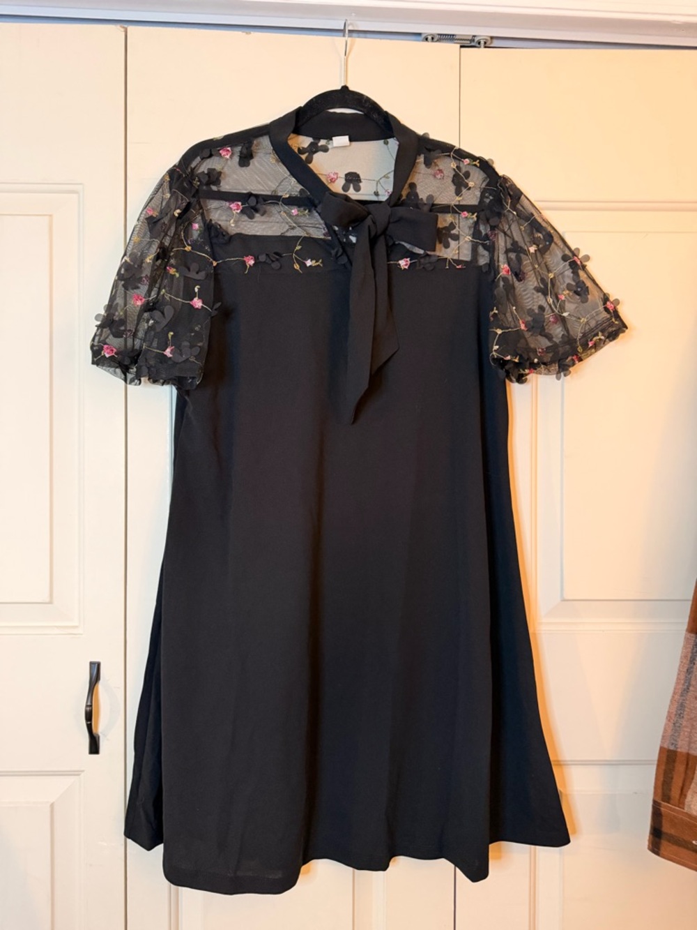 Black Mini Dress with Sheer Floral Embroidered Yoke and Tie Neck